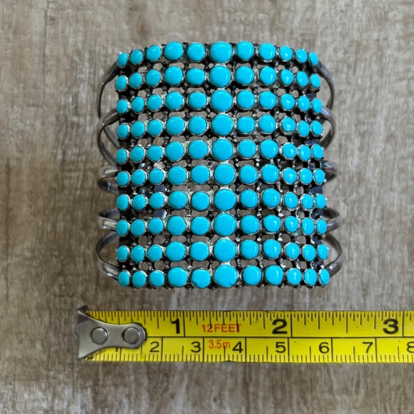Sterling Silver Turquoise Zuni 10 Row Snake Eye Cuff Bracelet - Picture 10 of 12